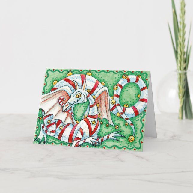 Christmas Card:  Candy Cane Christmas Dragon Holiday Card (Front)