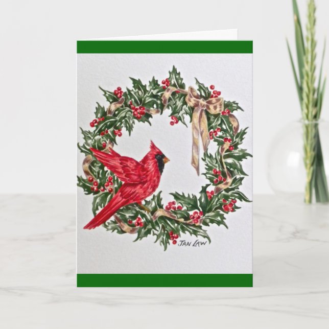 Christmas card, Christmas Wreath with Red Cardinal Holiday Card (Front)