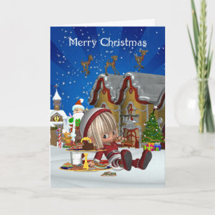 Christmas Card - Cute Elf And Holiday Village