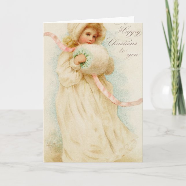 Christmas card depicting a girl with a muff (Front)
