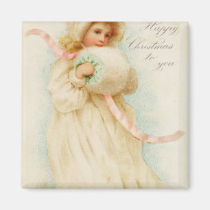 Christmas card depicting a girl with a muff magnet