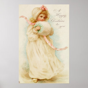 Christmas card depicting a girl with a muff poster