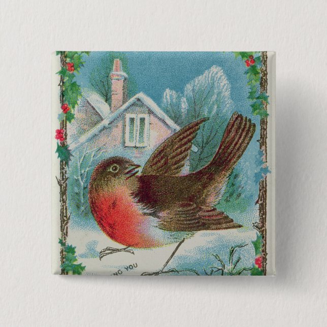 Christmas card depicting a robin 15 cm square badge (Front)
