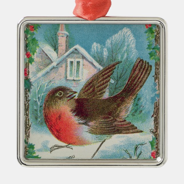 Christmas card depicting a robin metal tree decoration (Front)