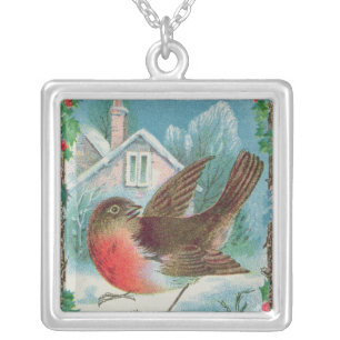 Christmas card depicting a robin silver plated necklace