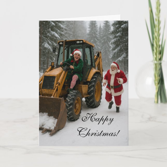 Christmas card -  Elf stealing Santa's digger  (Front)