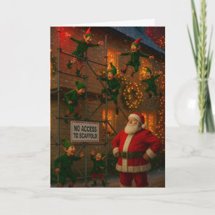 Christmas card Elves playing on scaffolding 