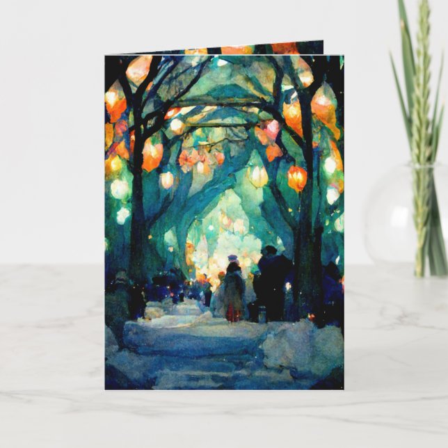 Christmas card evening gathering colourful lights (Front)