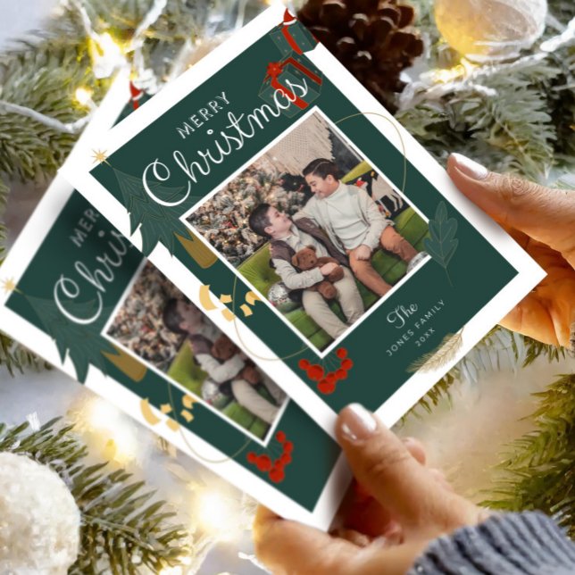 Christmas Card Family Photo Green Holiday (Christmas Card Photo EditableTemplate , Boho Holiday Card , Unique Merry Christmas Family Printable )