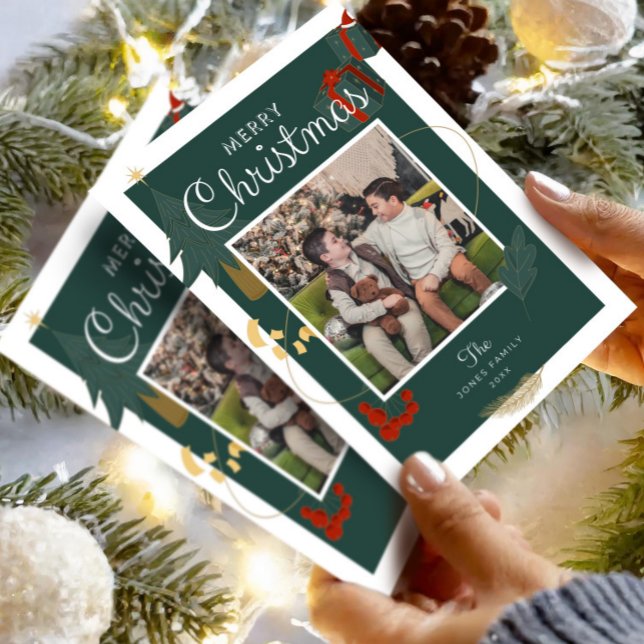 Christmas Card Family Photo Green Holiday (Christmas Card Photo Editable , Boho Holiday Card , Unique Merry Christmas Family Printable )