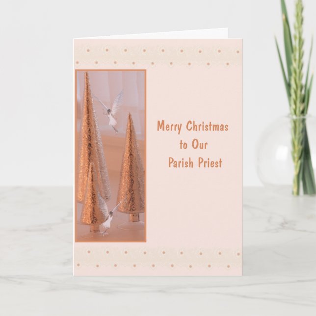 Christmas Card for Priest with Angels & Gold Trees (Front)