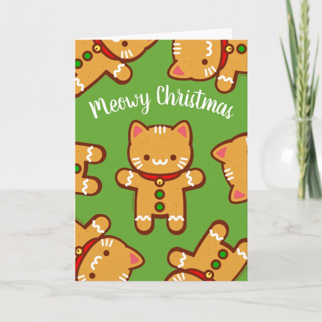 Christmas Card: Gingerbread Cat "Meowy Christmas" Card (Front)