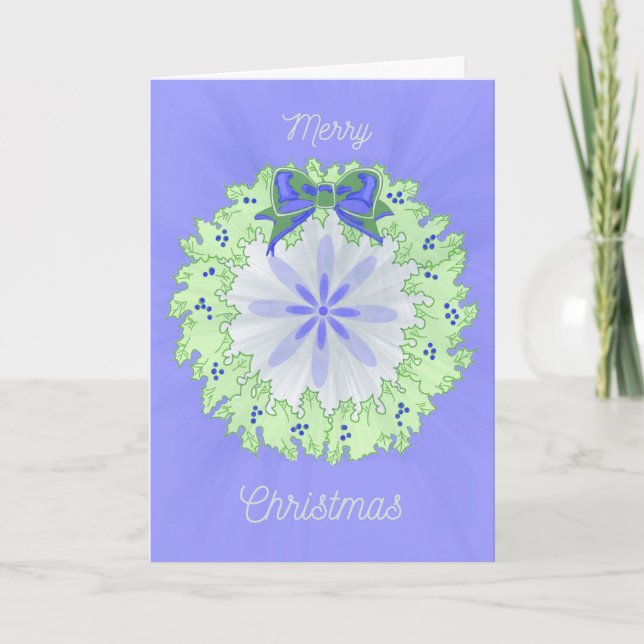 Christmas Card Green Wreath on Blue Background (Front)