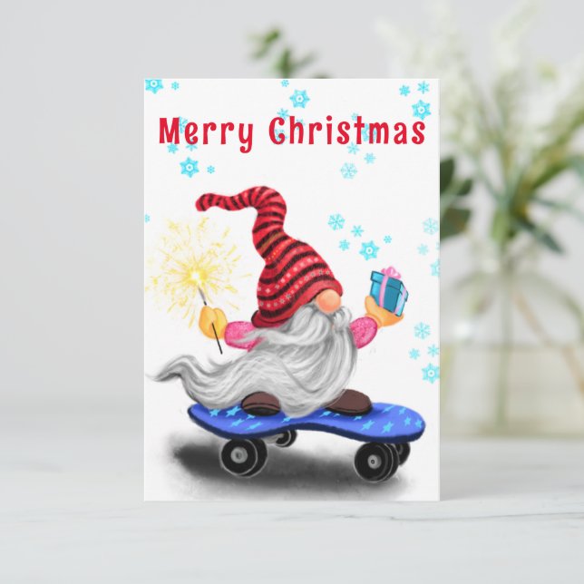 Christmas Card Happy Skater Gnome with Gift (Standing Front)