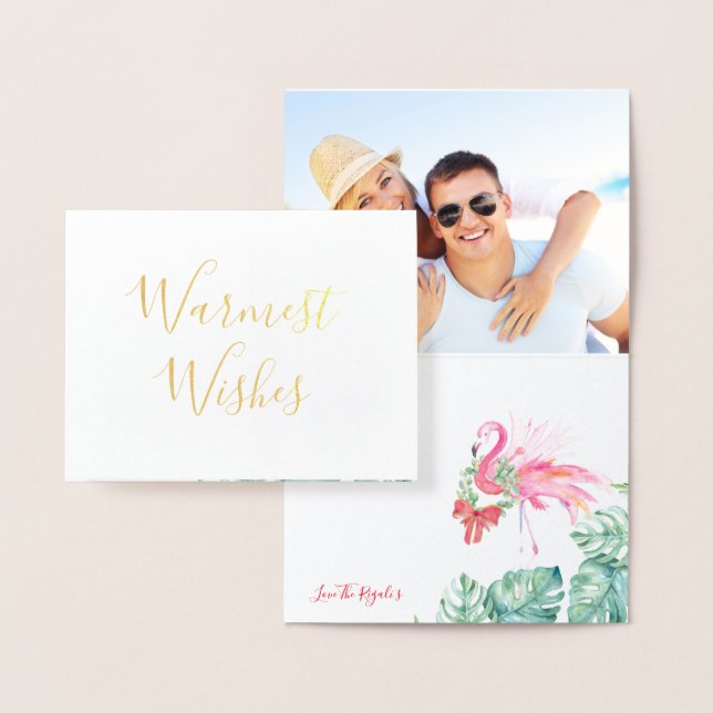 Christmas Card, Holiday Watercolor Pink Flamingo Foil Card (Display)