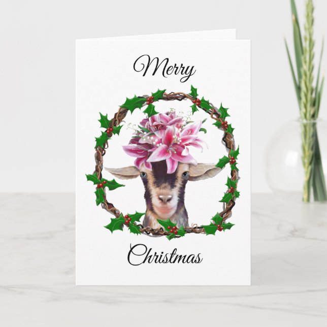 Christmas Card - Lilly the Goat in a Holly Wreath (Front)