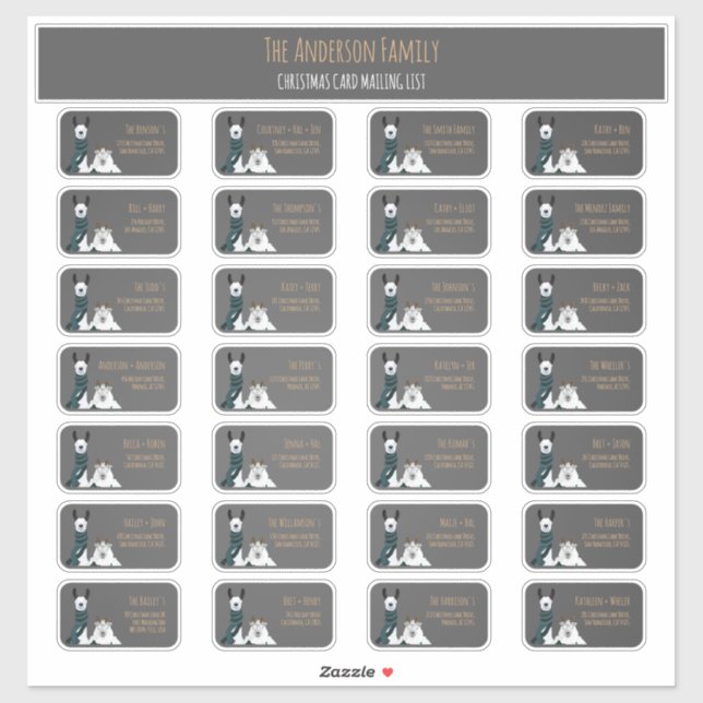 Christmas Card Mailing List Label Set Llama Sheep  (Sheet)