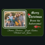 Christmas Card Photo Magnet<br><div class="desc">Christmas Card Photo Magnet design features your photo in top left corner against a deep green background. Photo is framed by a lovely green and white border. Customisable heading reads, "Merry Christmas" in white lettering. Image of a Santa hat is balanced on top of the "C". Wording just below reads,...</div>