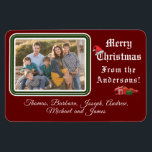 Christmas Card Photo Magnet<br><div class="desc">Christmas Card Photo Magnet design features your photo in top left corner against a burgundy background. Photo is framed by a lovely green and white border. Customisable heading reads, "Merry Christmas" in white lettering. Image of a Santa hat is balanced on top of the "C". Wording just below reads, "From...</div>
