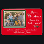 Christmas Card Photo Magnet<br><div class="desc">Christmas Card Photo Magnet design features your photo in top left corner against a red background. Photo is framed by a lovely green and white border. Customisable heading reads, "Merry Christmas" in white lettering. Image of a Santa hat is balanced on top of the "C". Wording just below reads, "From...</div>