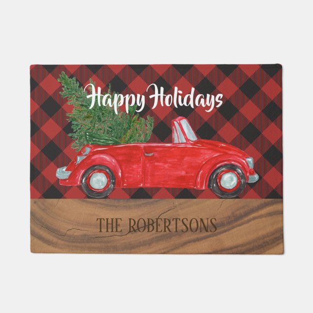 Christmas Card Red Buffalo Plaid Doormat (Front)