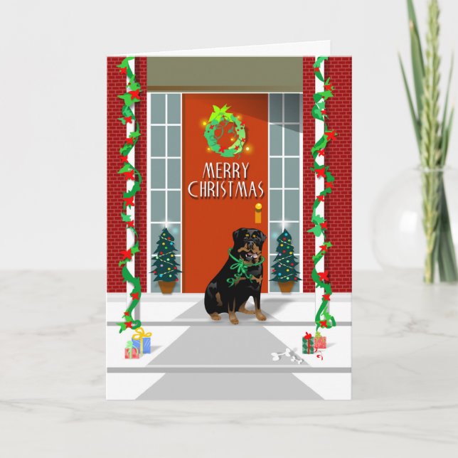 Christmas Card - Rottweiler Dog on Porch (Front)