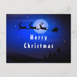 Christmas Card Santa and Reindeer on Full Moon