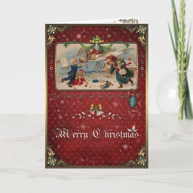 Christmas Card, Santa with gifts on an aeroplane. Holiday Card (Front)