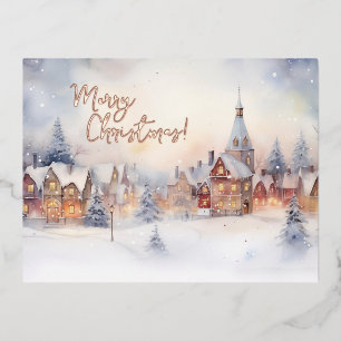 Christmas Card, Snow Winter Landscape Foil Holiday Postcard