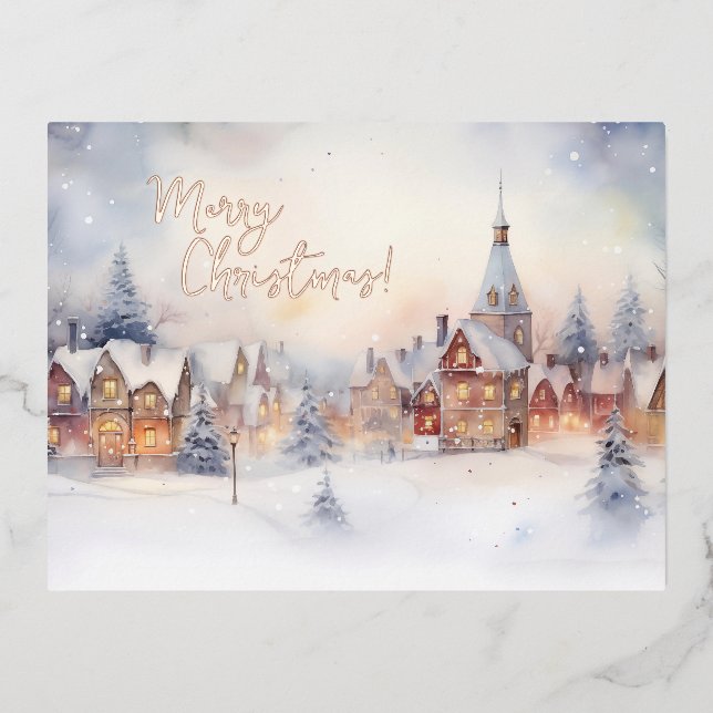 Christmas Card, Snow Winter Landscape Foil Holiday Postcard (Front)