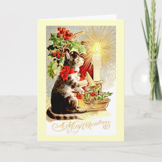 Christmas Card Vintage Cat and Candle (Front)