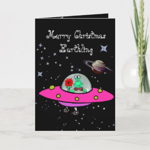 Christmas Card w/Alien in a Spaceship and Planets