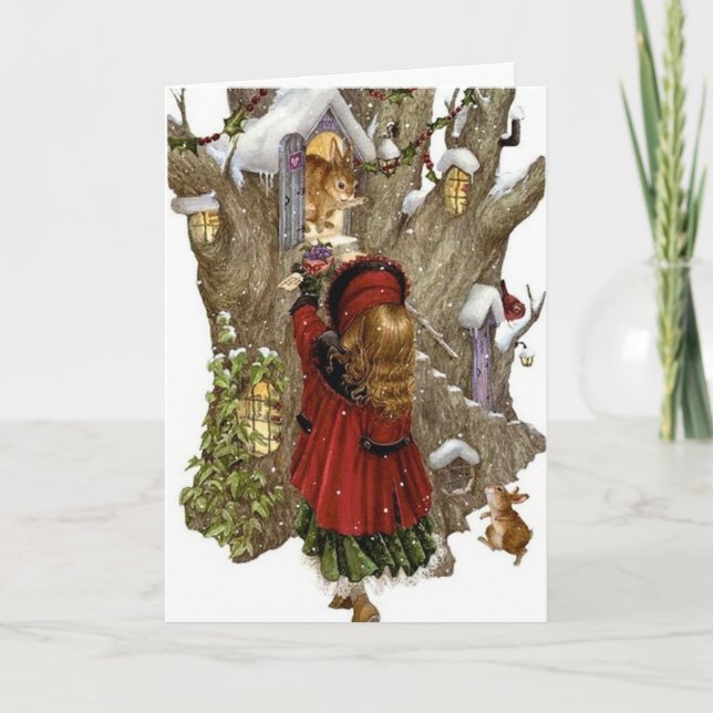 Christmas card w/ friendship poem, girl & animals (Front)