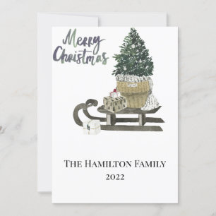 Christmas Card Watercolor Sled and Tree