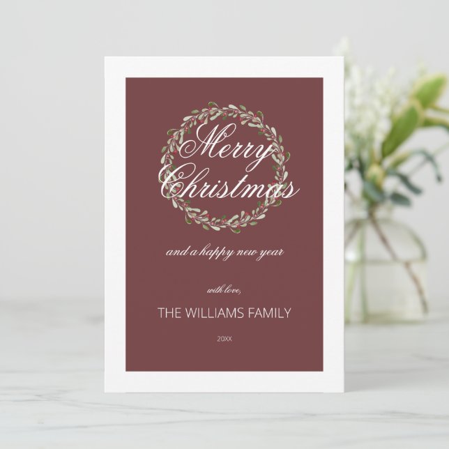 Christmas card watercolor wreath burgundy red (Standing Front)
