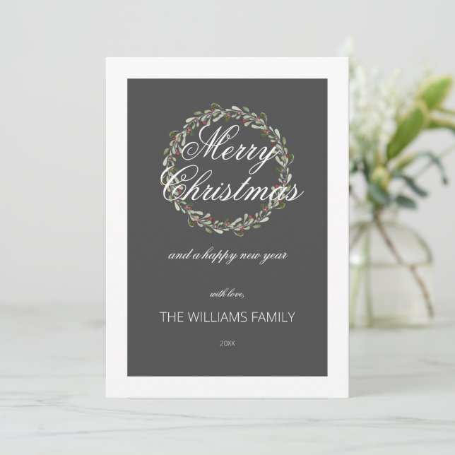 Christmas card watercolor wreath Charcoal grey (Standing Front)