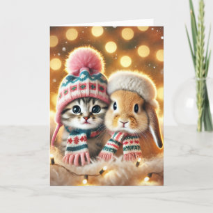 Christmas card with a cat and a bunny
