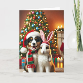 Christmas card with a dog and a bunny