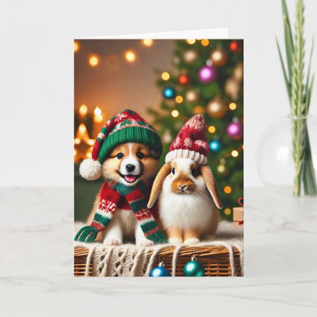 Christmas card with a dog and a bunny (Front)