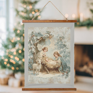 Christmas card with baby Jesus in a manger and ang Hanging Tapestry