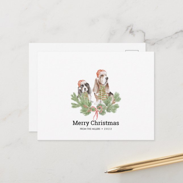 Christmas Card with Basset Hound Dog Family  (Front/Back In Situ)
