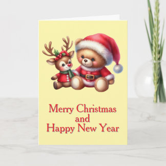 Christmas card with bear and reindeer image.