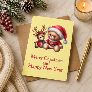 Christmas card with bear and reindeer image.