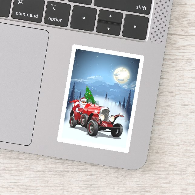 Christmas card with cartoon retro car & cool Santa (Detail)