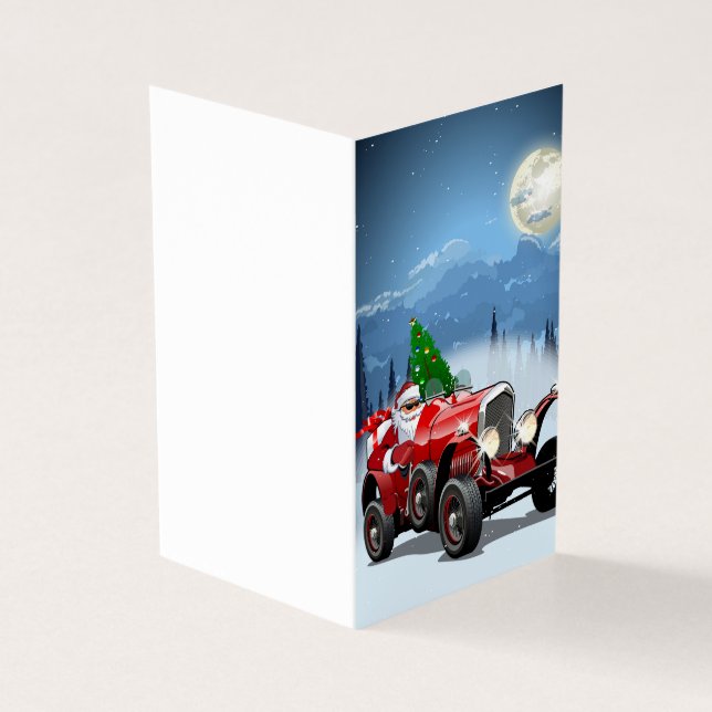 Christmas card with cartoon retro car & cool Santa (Outside)