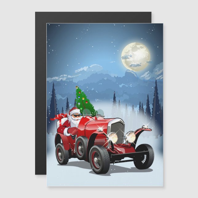 Christmas card with cartoon retro car & cool Santa (Front/Back)