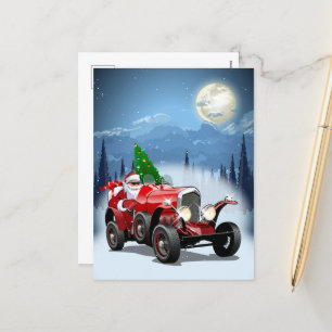 Christmas card with cartoon retro car & cool Santa