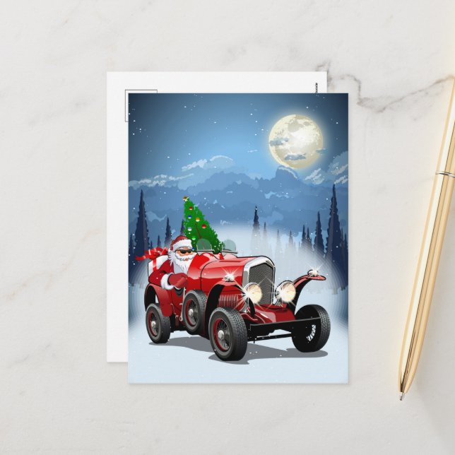 Christmas card with cartoon retro car & cool Santa (Front/Back In Situ)