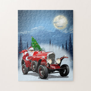 Christmas card with cartoon retro car & cool Santa Jigsaw Puzzle