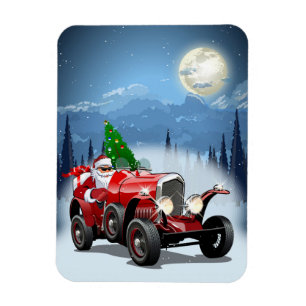 Christmas card with cartoon retro car & cool Santa Magnet